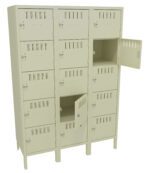 A beige metal locker unit with three columns, each containing five compartments. Some compartment doors are open, showing empty spaces inside. The lockers have ventilation slots and handles with locks.