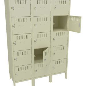 A beige metal locker unit with three columns, each containing five compartments. Some compartment doors are open, showing empty spaces inside. The lockers have ventilation slots and handles with locks.