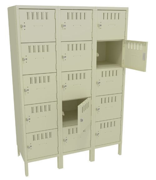 A beige metal locker unit with three columns, each containing five compartments. Some compartment doors are open, showing empty spaces inside. The lockers have ventilation slots and handles with locks.
