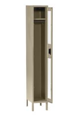 A tall, beige metal locker with one open door, revealing an interior with a hanging rail and a small compartment at the top. The locker stands on short legs and has a reflective pane on the door.