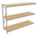 A three-tier metal shelving unit with beige shelves and a light gray frame. The shelves are evenly spaced and supported by vertical metal brackets on both sides, suitable for storage or organizational purposes.