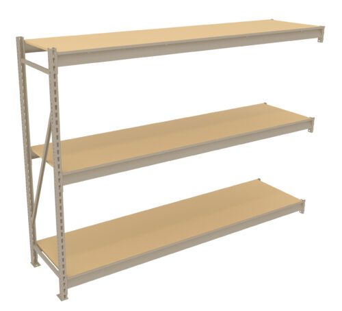 A three-tier metal shelving unit with beige shelves and a light gray frame. The shelves are evenly spaced and supported by vertical metal brackets on both sides, suitable for storage or organizational purposes.
