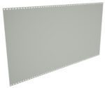 A blank sheet of continuous computer paper with dot matrix holes along the edges, angled slightly. The paper is light gray, and the holes run parallel on both sides. The sheet appears isolated on a plain background.