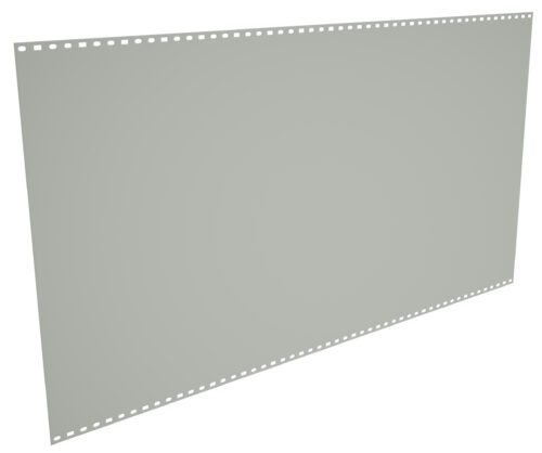 kuxqzlfugzin0gxgfpro.jpg A blank sheet of continuous computer paper with dot matrix holes along the edges, angled slightly. The paper is light gray, and the holes run parallel on both sides. The sheet appears isolated on a plain background.