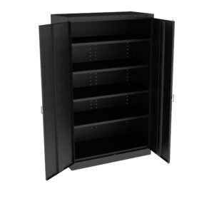 A black metal storage cabinet with two open doors, revealing five adjustable shelves inside. The shelves are empty. The cabinet has a simple, industrial design with handles on each door.