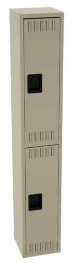 A tall, beige metal locker with two stacked compartments, each featuring vented slots and a black handle.