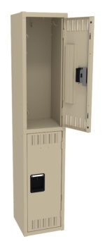 A beige metal locker with two vertically stacked compartments. The top compartment is open, showing a key lock and some hooks inside. The bottom compartment is closed, with vent slits and a black handle.