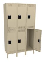 A beige six-compartment metal locker with two rows. The top three compartments are closed, while the bottom middle compartment is open, revealing an empty interior. Each door has a black handle.