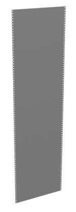 A gray perforated panel with evenly spaced small holes along the long edges, standing upright against a plain white background.