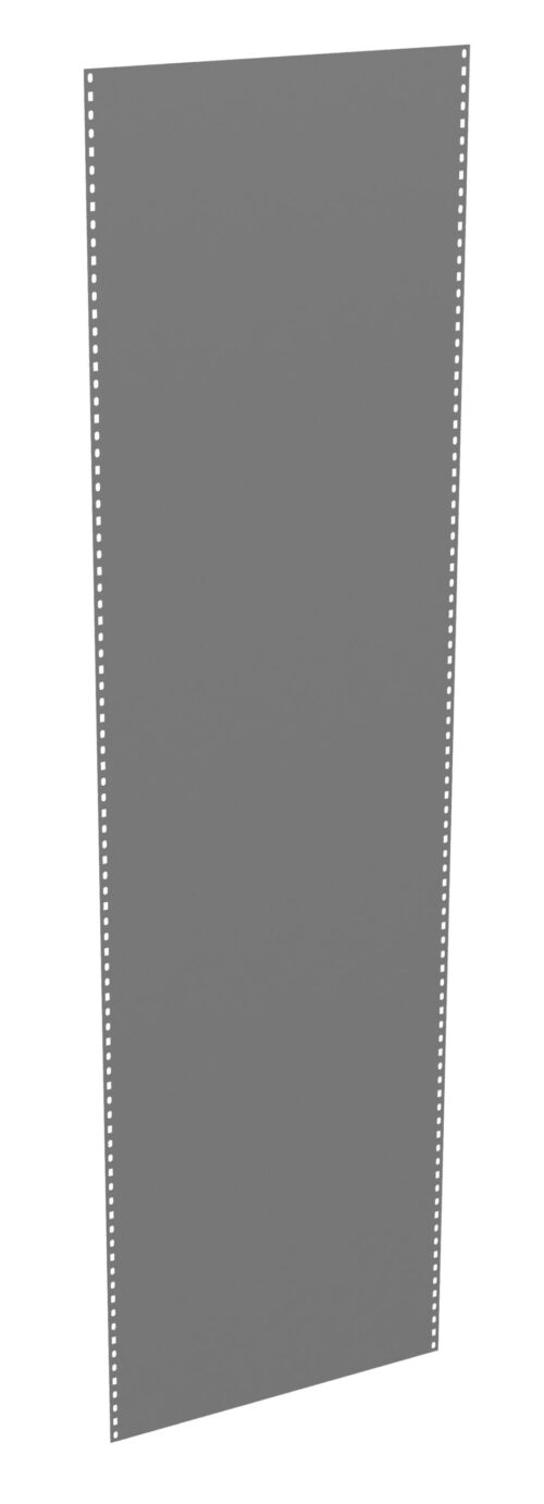 kw1cuc5s81xjpdxeghb9.jpg A gray perforated panel with evenly spaced small holes along the long edges, standing upright against a plain white background.