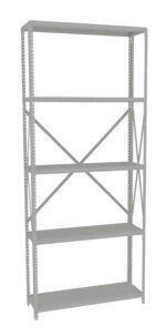 A tall, gray metal shelving unit with five shelves and reinforced crossbars in the back for support. The design is utilitarian, suited for storage in a garage or warehouse. The sides have holes for adjustable shelving height.