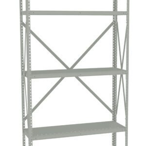 A tall, gray metal shelving unit with five shelves and reinforced crossbars in the back for support. The design is utilitarian, suited for storage in a garage or warehouse. The sides have holes for adjustable shelving height.