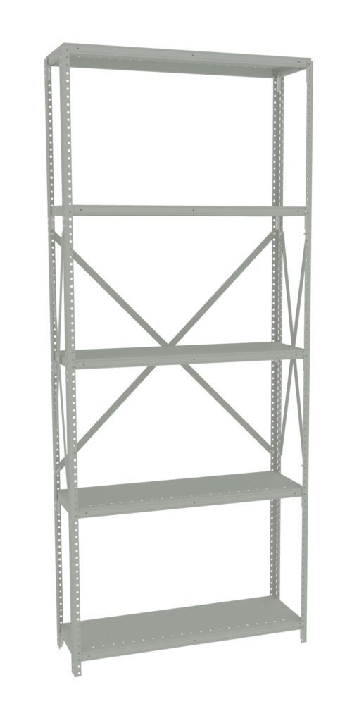 kwbfbbecznabeqcu3wco.jpg A tall, gray metal shelving unit with five shelves and reinforced crossbars in the back for support. The design is utilitarian, suited for storage in a garage or warehouse. The sides have holes for adjustable shelving height.