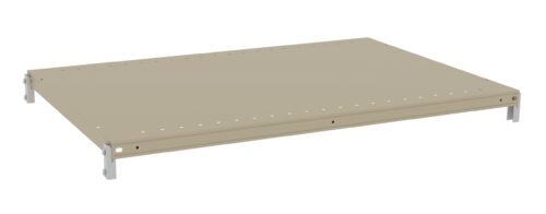 kwg9nbii30r2ssroz2os.jpg A beige metal shelf with perforations along the edge, supported by gray brackets at each corner, shown against a white background.