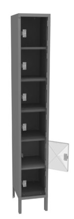 Tall, gray metal locker with multiple shelves and a partially open glass door on one compartment.