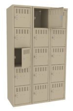 A set of beige metal lockers with three columns and several compartments, some with doors open. Each compartment has a vented front and a metal lock. The image shows a simple, functional design.