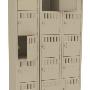 A set of beige metal lockers with three columns and several compartments, some with doors open. Each compartment has a vented front and a metal lock. The image shows a simple, functional design.