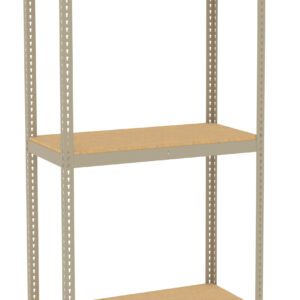 A beige, three-tier metal shelving unit with wooden shelves. It has open sides and back, and perforated metal supports, suitable for storage or organizing items.