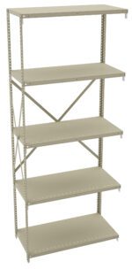 Metal shelving unit with five adjustable shelves, beige in color. The unit has perforated uprights for adjustable shelving and cross braces for stability. Designed for storage and organization in various settings.