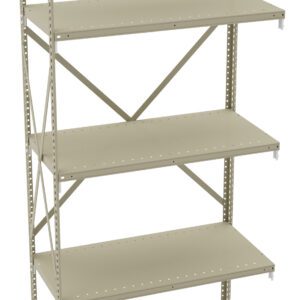 Metal shelving unit with five adjustable shelves, beige in color. The unit has perforated uprights for adjustable shelving and cross braces for stability. Designed for storage and organization in various settings.