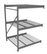 A metal shelving unit with three levels, featuring grid-style shelves. The structure is supported by two vertical and one diagonal beam for stability. The unit has an industrial design, suitable for storage or warehouse use.