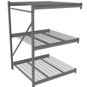 A metal shelving unit with three levels, featuring grid-style shelves. The structure is supported by two vertical and one diagonal beam for stability. The unit has an industrial design, suitable for storage or warehouse use.