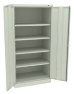 A tall, open metal cabinet with two doors and multiple adjustable shelves inside. The cabinet is light gray and appears empty, standing on a flat surface.