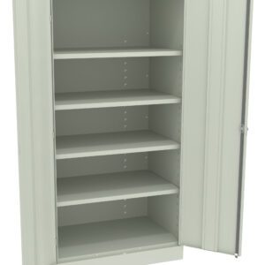A tall, open metal cabinet with two doors and multiple adjustable shelves inside. The cabinet is light gray and appears empty, standing on a flat surface.