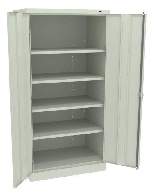 kxdu58yjy4jzd6q7w6vj.jpg A tall, open metal cabinet with two doors and multiple adjustable shelves inside. The cabinet is light gray and appears empty, standing on a flat surface.