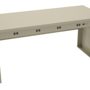 A minimalist beige desk featuring a rectangular top with four round black cable management holes and a slim, extended base on the right side. The desk has a sleek, modern design without drawers or additional features.