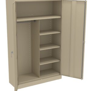A beige metal storage cabinet with two open doors, revealing a hanging rod on the left and four adjustable shelves on the right. The cabinet is empty and has a simple, utilitarian design.