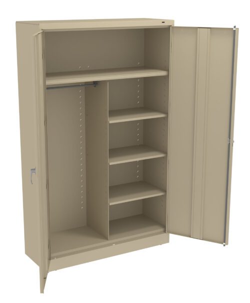 A beige metal storage cabinet with two open doors, revealing a hanging rod on the left and four adjustable shelves on the right. The cabinet is empty and has a simple, utilitarian design.