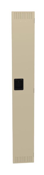 A beige, rectangular metal panel with small vent openings at the top and bottom. It features a black handle in the center.