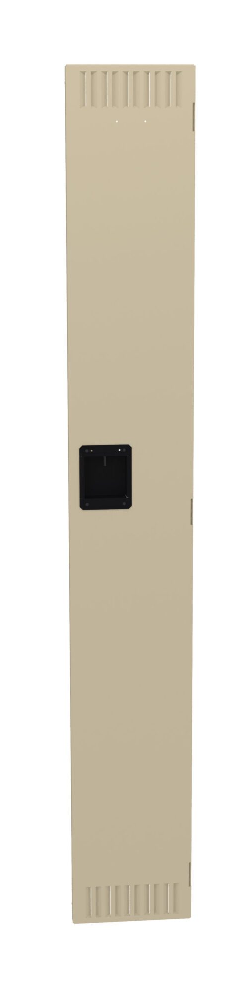 A beige, rectangular metal panel with small vent openings at the top and bottom. It features a black handle in the center.