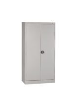 A tall, gray metal storage cabinet with two doors. The cabinet has a circular handle in the middle for opening. It stands against a plain white background.