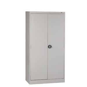 A tall, gray metal storage cabinet with two doors. The cabinet has a circular handle in the middle for opening. It stands against a plain white background.