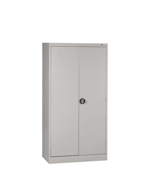 kxpellk1fntk8ccezvfn.jpg A tall, gray metal storage cabinet with two doors. The cabinet has a circular handle in the middle for opening. It stands against a plain white background.