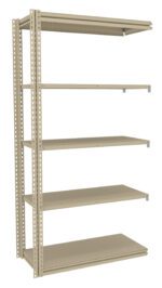 A freestanding beige metal shelving unit with six adjustable shelves. It has a simple, industrial design with triangular perforations along the vertical supports. The shelves are evenly spaced, suitable for storage or organizing items.