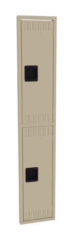 A tall, beige metal locker with two separate compartments, each with a black handle. The locker has a simple, industrial design, and is viewed from the front.