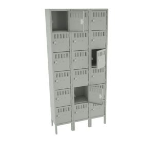 A gray metal locker with multiple compartments, several of which have their doors open. The lockers are designed for secure storage and have vents on the doors for ventilation. The structure stands on a base, elevating it slightly off the ground.
