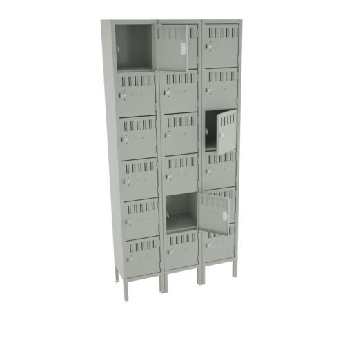 A gray metal locker with multiple compartments, several of which have their doors open. The lockers are designed for secure storage and have vents on the doors for ventilation. The structure stands on a base, elevating it slightly off the ground.