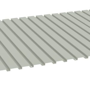 A large, rectangular metal panel with evenly spaced ridges, shown at an angle. The panel is grayish-green and has a corrugated texture, commonly used for roofing or siding. The background is plain white.