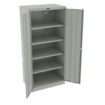 Open grey metal storage cabinet with five shelves and two doors. The cabinet is empty and placed against a white background.