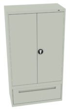 A tall, light gray metal storage cabinet with two closed doors and a lower pull-out drawer. The cabinet features a round lock mechanism on the front.