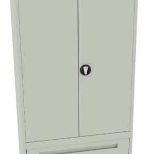 A tall, light gray metal storage cabinet with two closed doors and a lower pull-out drawer. The cabinet features a round lock mechanism on the front.