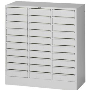 A gray, metal multi-drawer storage cabinet with three columns and eight rows of flat drawers. Each drawer has a rectangular handle and no visible labels, designed for organizing small items.