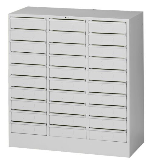 A gray, metal multi-drawer storage cabinet with three columns and eight rows of flat drawers. Each drawer has a rectangular handle and no visible labels, designed for organizing small items.