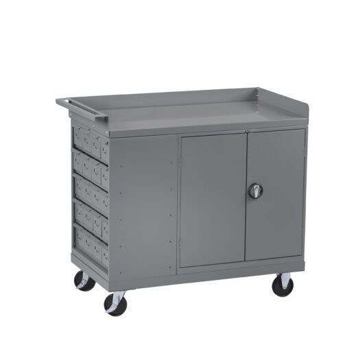 kyszlxrxf9p6lp1zay81.jpg A gray mobile tool cabinet with a handle, featuring ten small drawers on the left and a double-door cabinet on the right. It has four caster wheels for mobility.