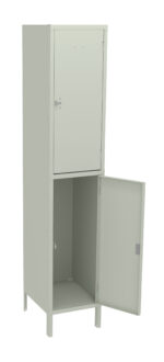 Tall gray metal locker with two compartments: the top door is closed and the bottom door is open. The locker stands on four legs.