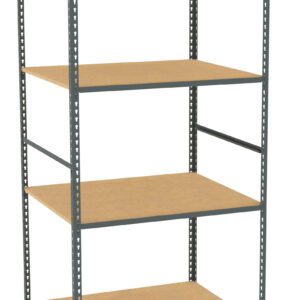 A metal shelving unit with four wooden shelves and vertical support bars. The design is open and minimalist, suitable for storage in a variety of settings.